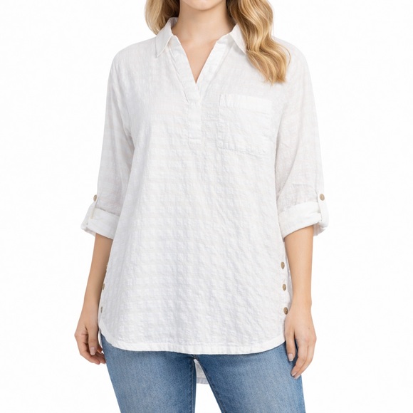 J. Jill Medium white tunic long sleeve collared shirt EUC Cotton Natural Fibers - Picture 1 of 7